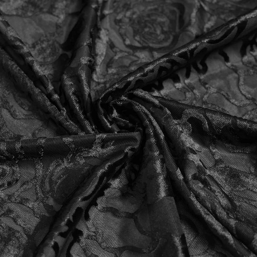 Goth Velvet and Lace Skirt with Ruffle and Rose Detailing fabric close-up, showcasing the intricate black velvet design.