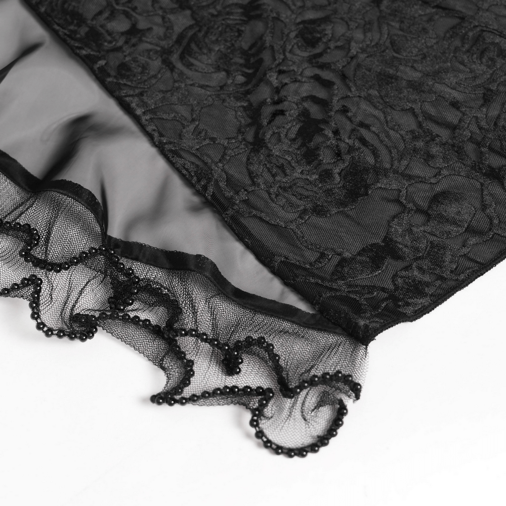 Goth Velvet and Lace Skirt with Ruffle and Rose Detailing close-up showing lace accents and ruffled edges.