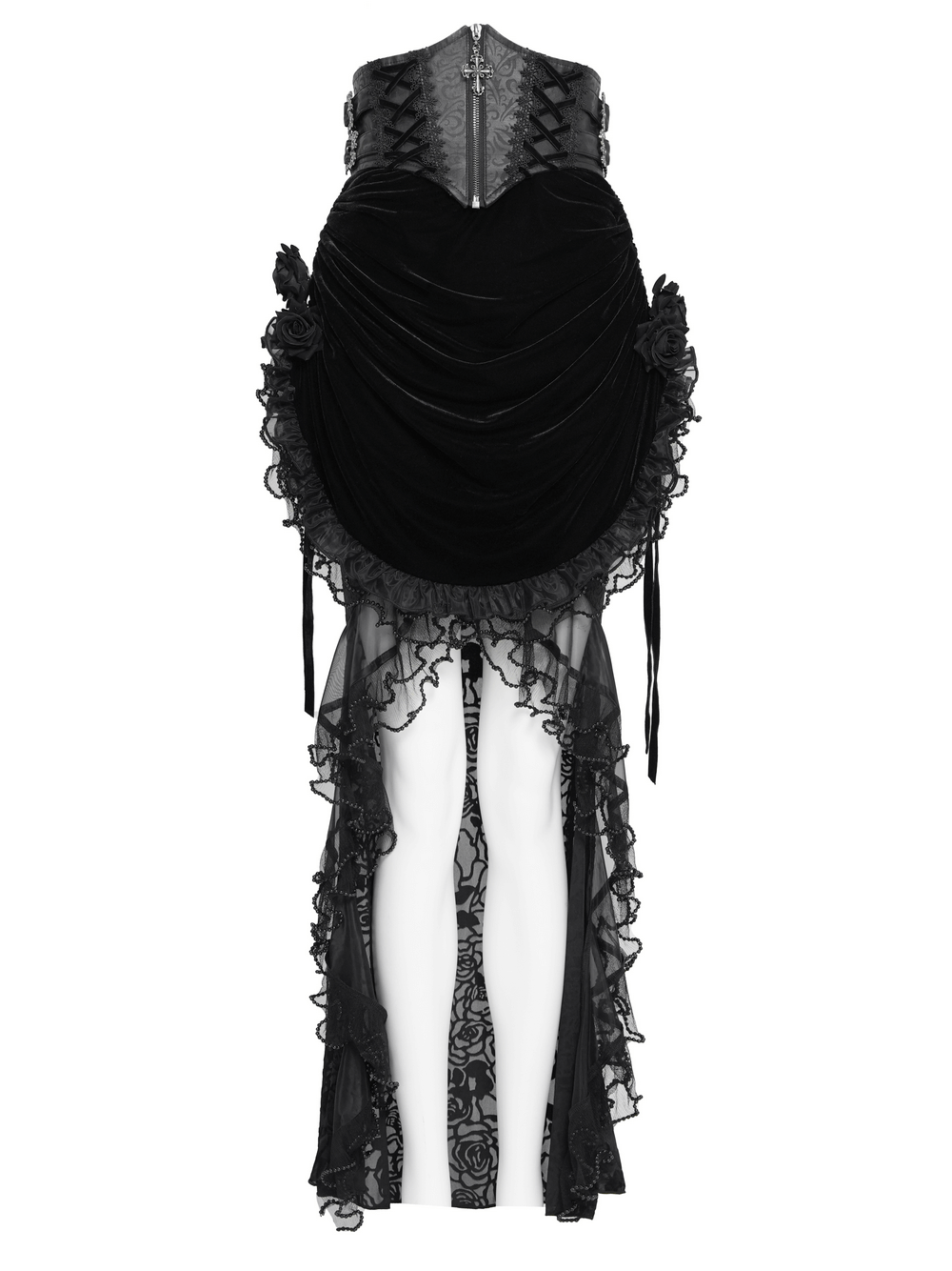 Goth Velvet and Lace Skirt with Ruffle and Rose Detailing showcasing elegant black velvet with lace accents.