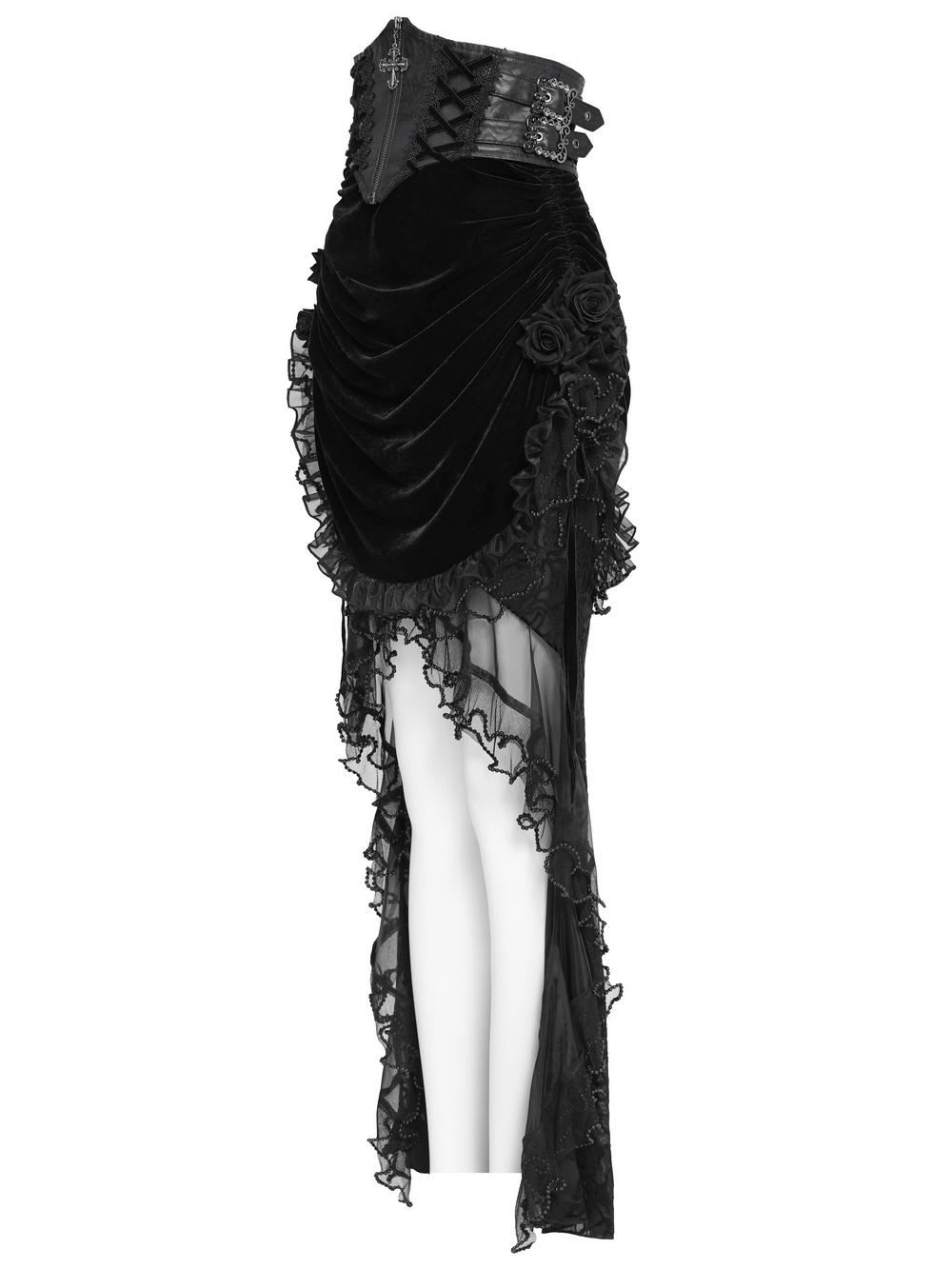 Goth Velvet and Lace Skirt with Ruffle and Rose Detailing displayed on a mannequin, showcasing its elegant design.