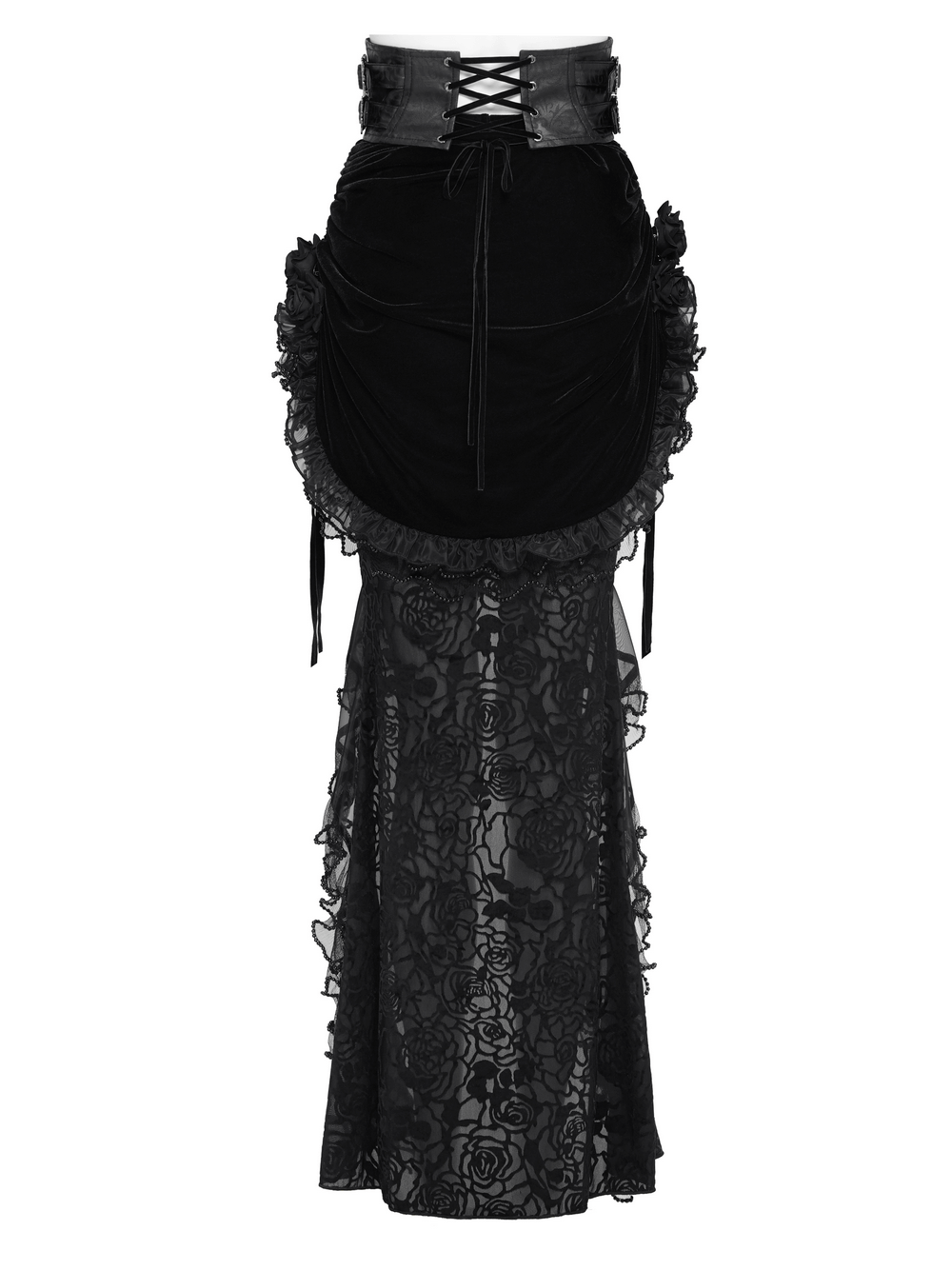 Goth Velvet and Lace Skirt with Ruffle and Rose Detailing, featuring a dramatic ruffled design and lace accents.
