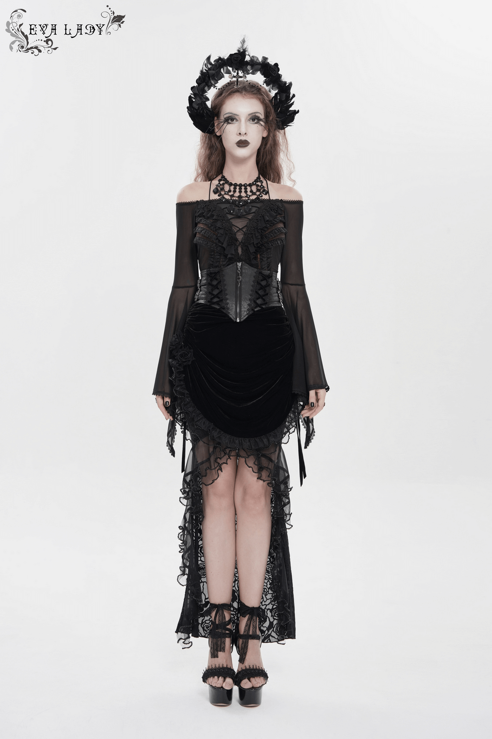 Goth Velvet and Lace Skirt with Ruffle and Rose Detailing worn by a model, showcasing a stunning gothic look.