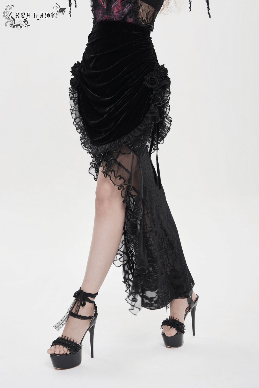 Goth Velvet and Lace Skirt with Ruffle and Rose Detailing, featuring ruffled black velvet with lace accents.