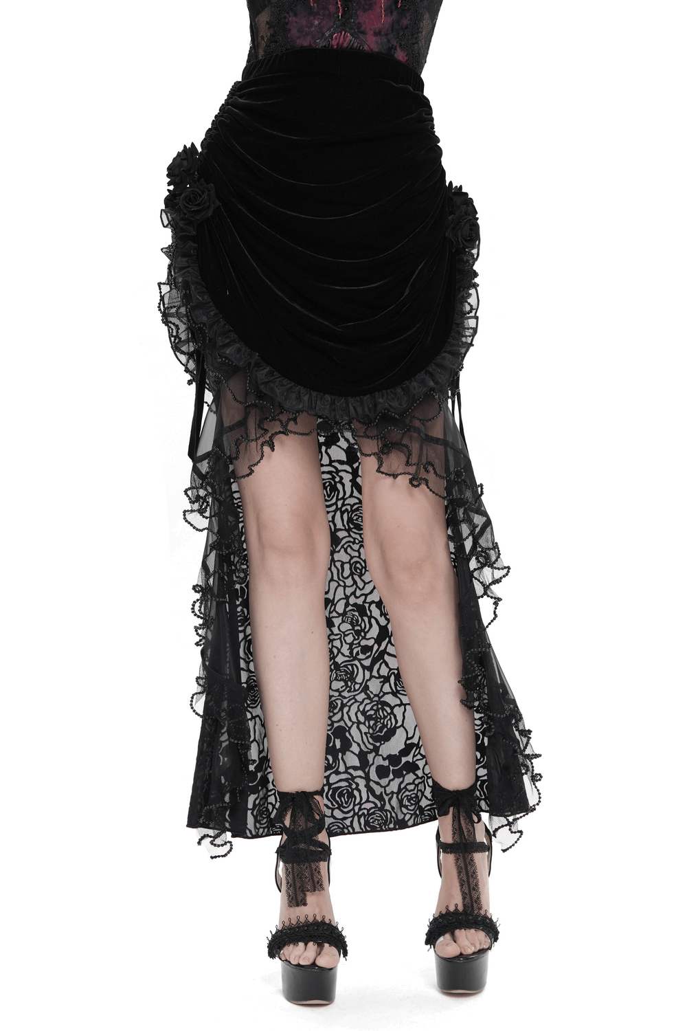 Goth Velvet and Lace Skirt with Ruffle and Rose Detailing featuring elegant ruffles and rose accents.