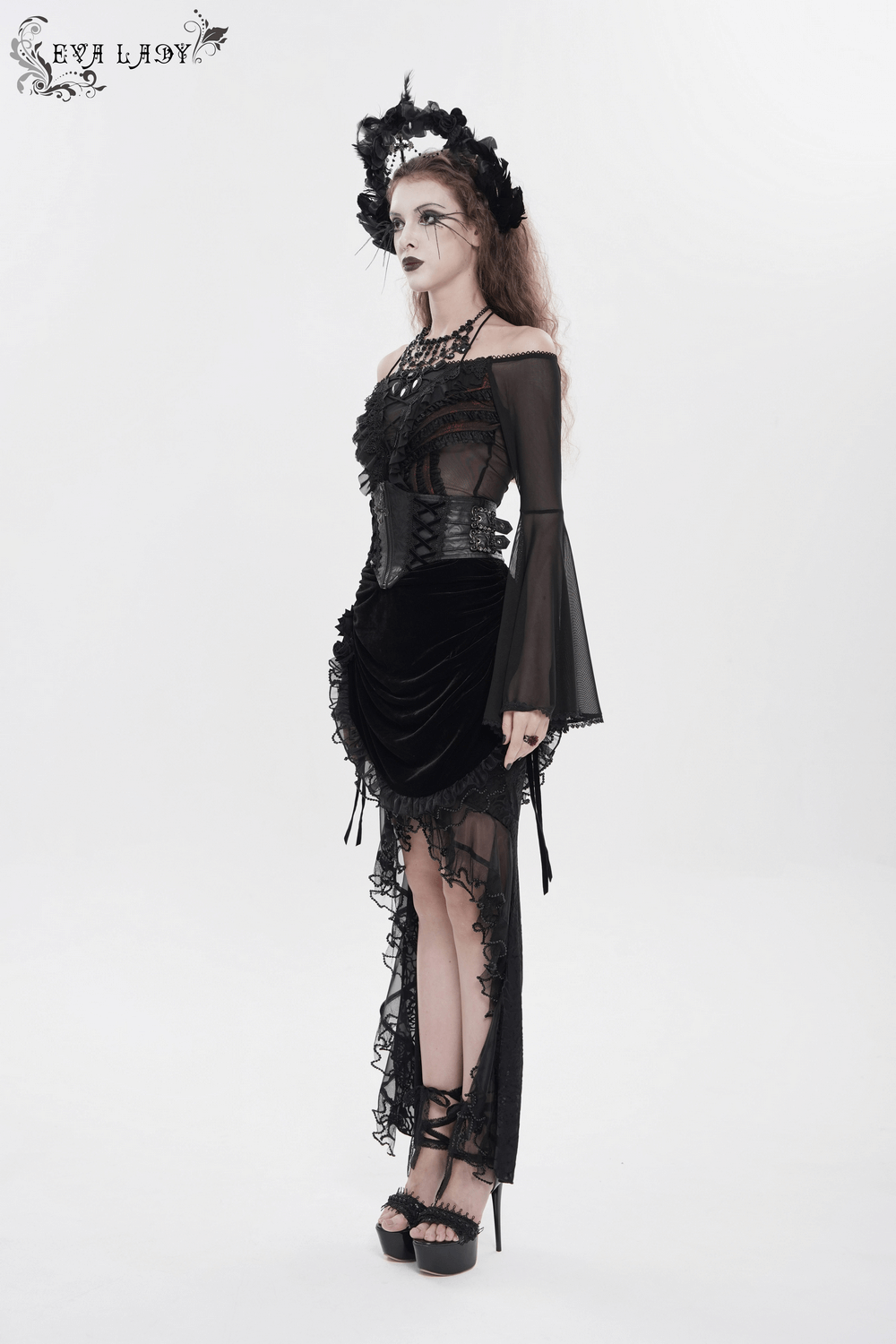 Goth Velvet and Lace Skirt with Ruffle and Rose Detailing, elegant black design with dramatic ruffles and lace accents.
