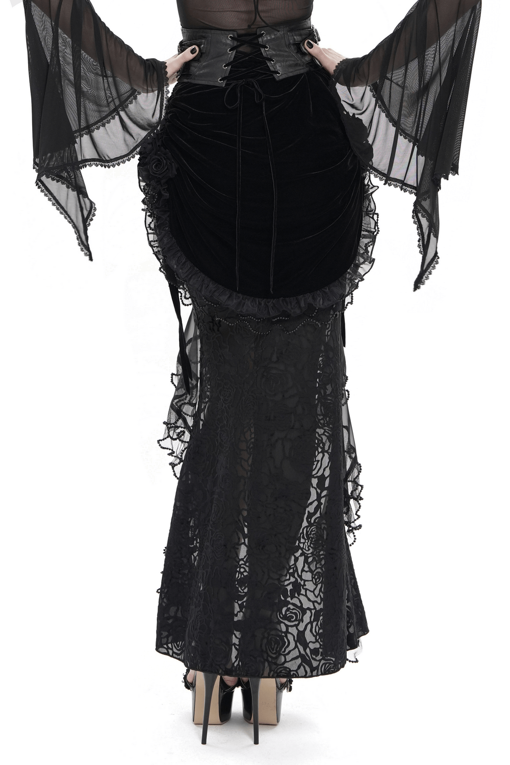 Goth Velvet and Lace Skirt with Ruffle and Rose Detailing worn by model, showcasing elegant black velvet and lace accents.