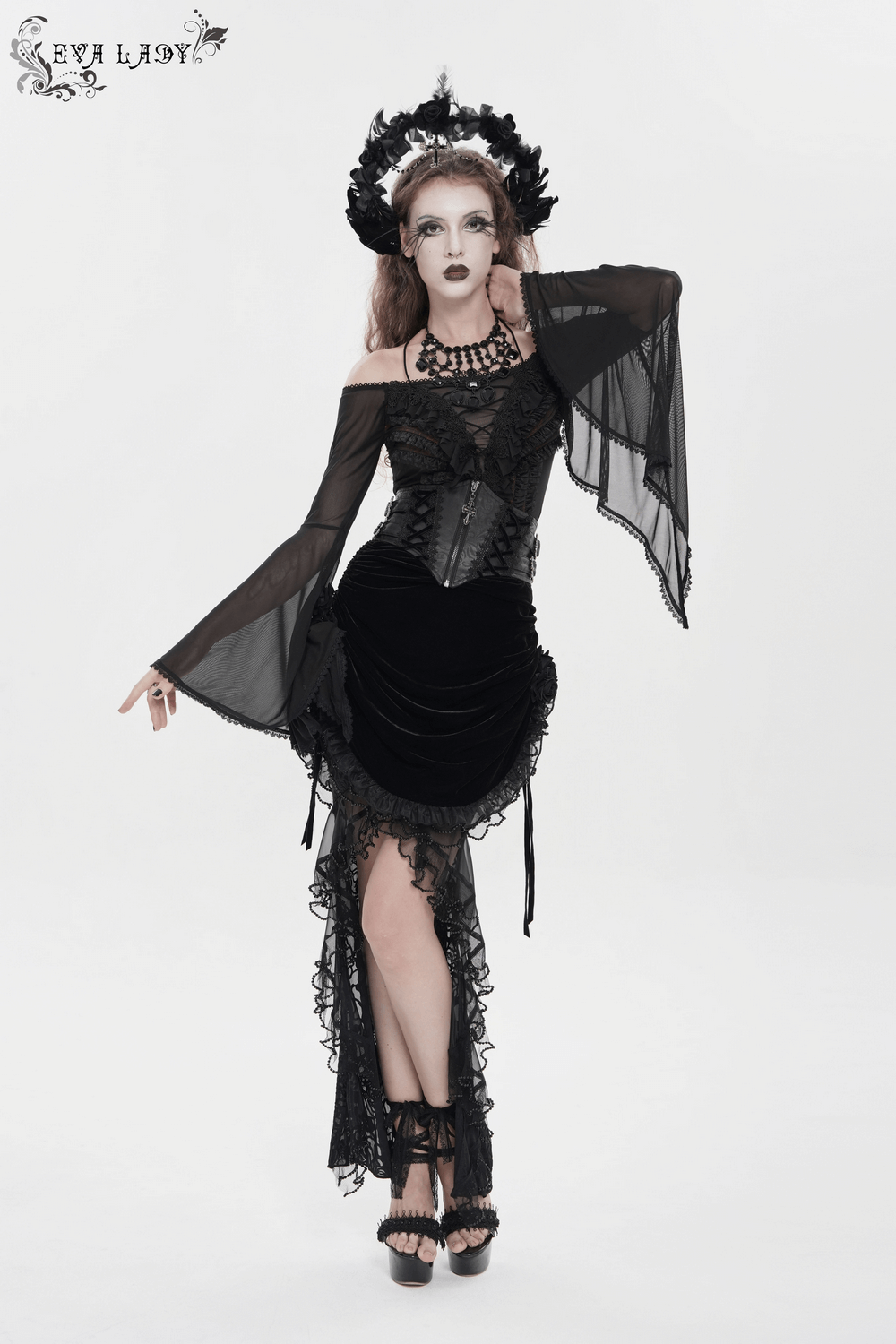 Goth Velvet and Lace Skirt with Ruffle and Rose Detailing worn by a model in dramatic gothic attire.