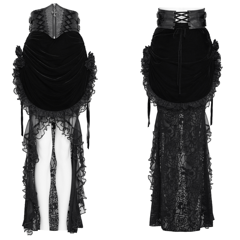 Goth Velvet and Lace Skirt with Ruffle and Rose Detailing featuring elegant black velvet and lace accents.