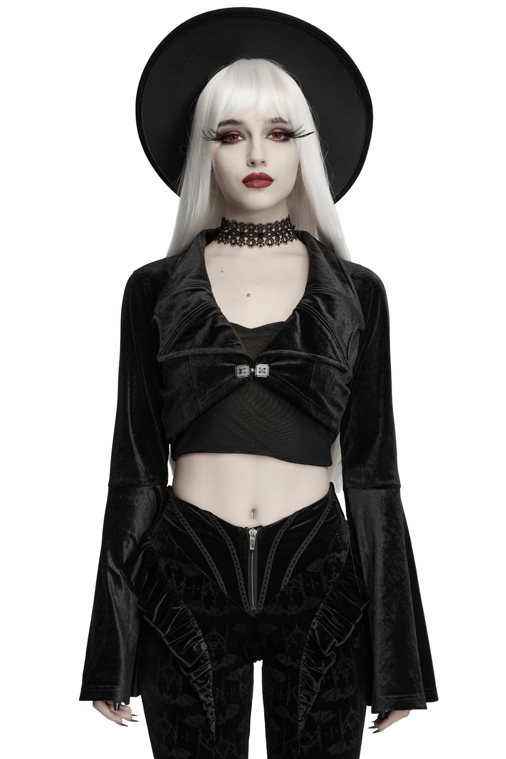 Goth Velvet Bolero with Bat Collar and Bell Sleeves modeled with a stylish black hat and choker, showcasing gothic elegance.