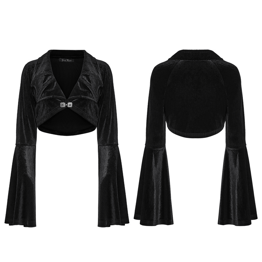 Goth Velvet Bolero with Bat Collar and Bell Sleeves in black, featuring flared sleeves and a deep V neckline.