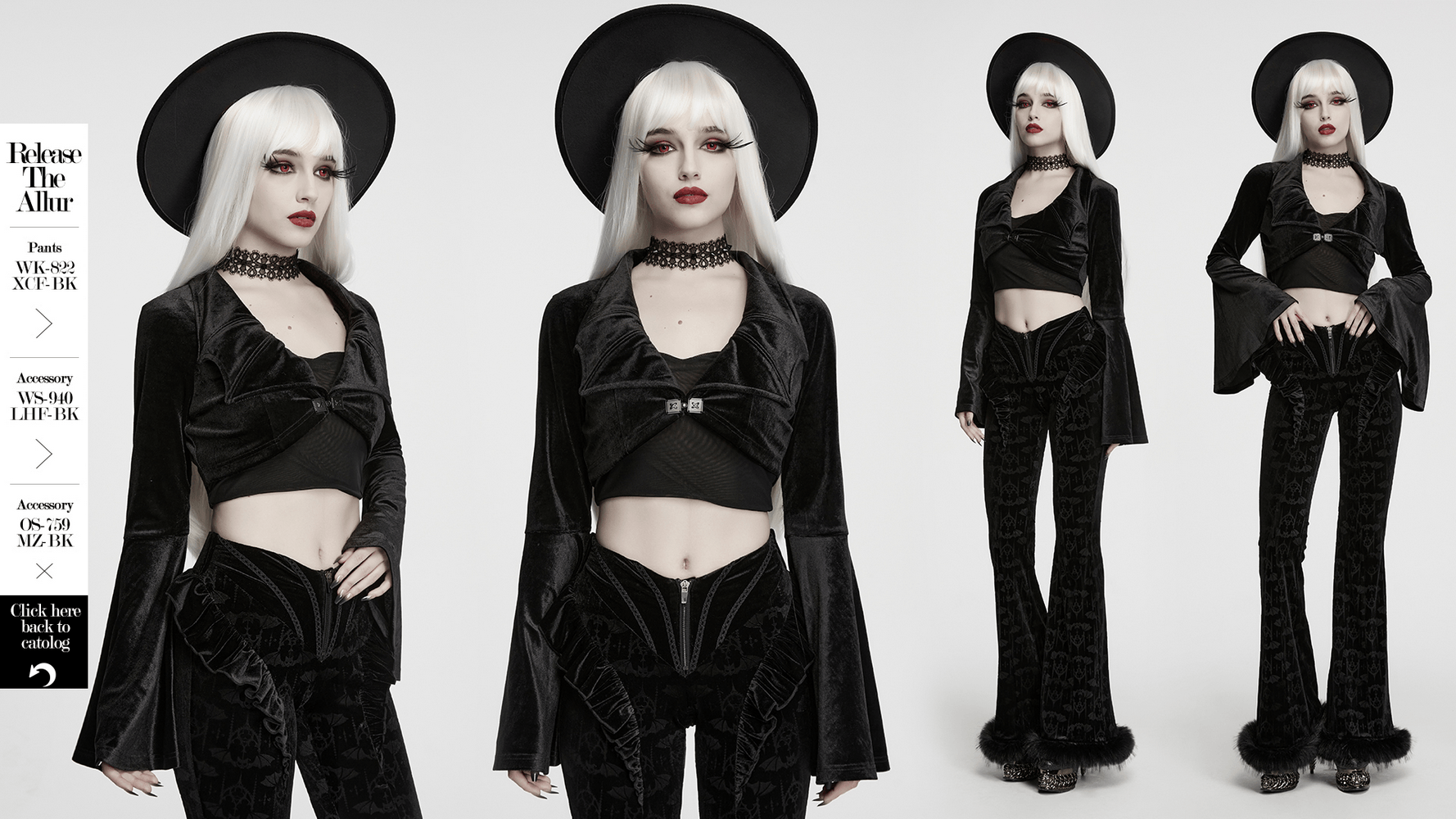 Goth Velvet Bolero with Bat Collar and Bell Sleeves showcased on model, styled with black flared pants and accessories.