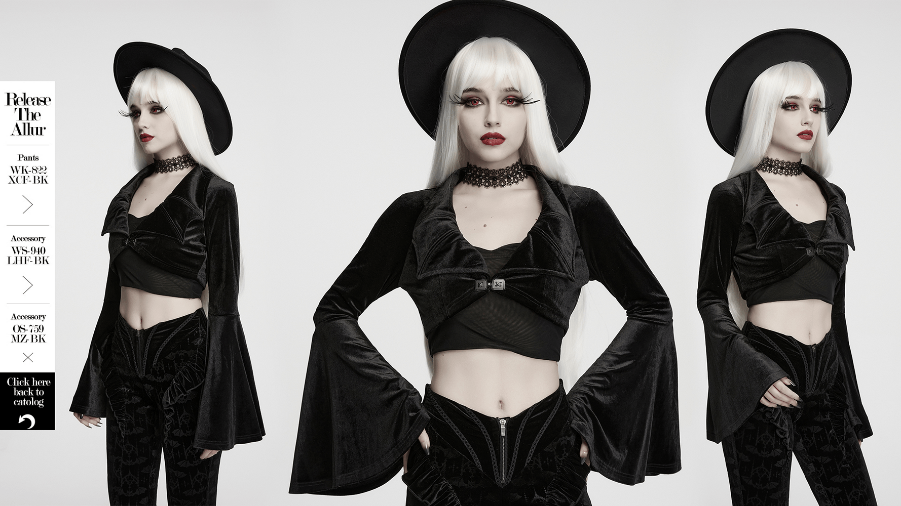 Goth Velvet Bolero with Bat Collar and Bell Sleeves worn by model with dramatic makeup and accessories.