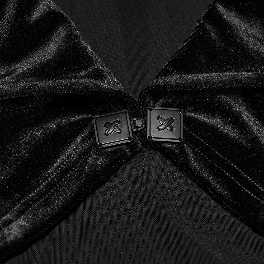Close-up of the fastening detail on the Goth Velvet Bolero with Bat Collar and Bell Sleeves.