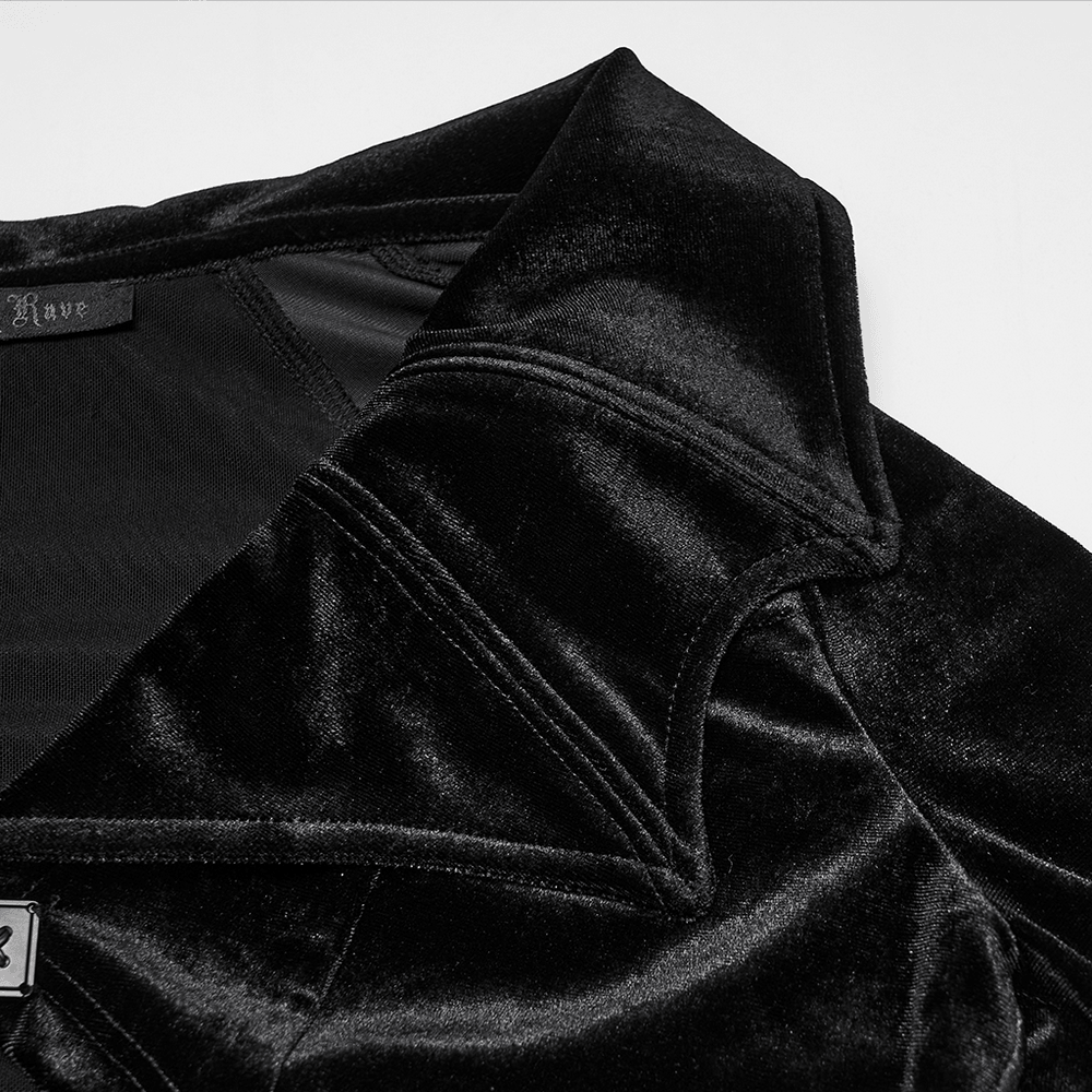 Goth Velvet Bolero with Bat Collar and Bell Sleeves close-up showing the elegant collar detail in black velvet.