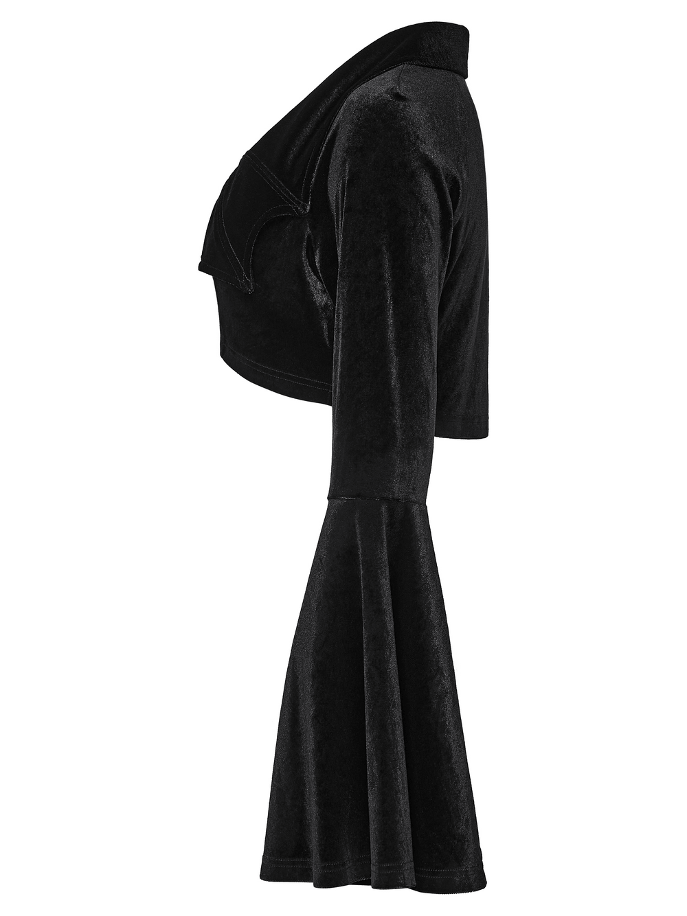 Goth Velvet Bolero with Bat Collar and Bell Sleeves, showcasing flared sleeves and bat-inspired collar in black velvet.