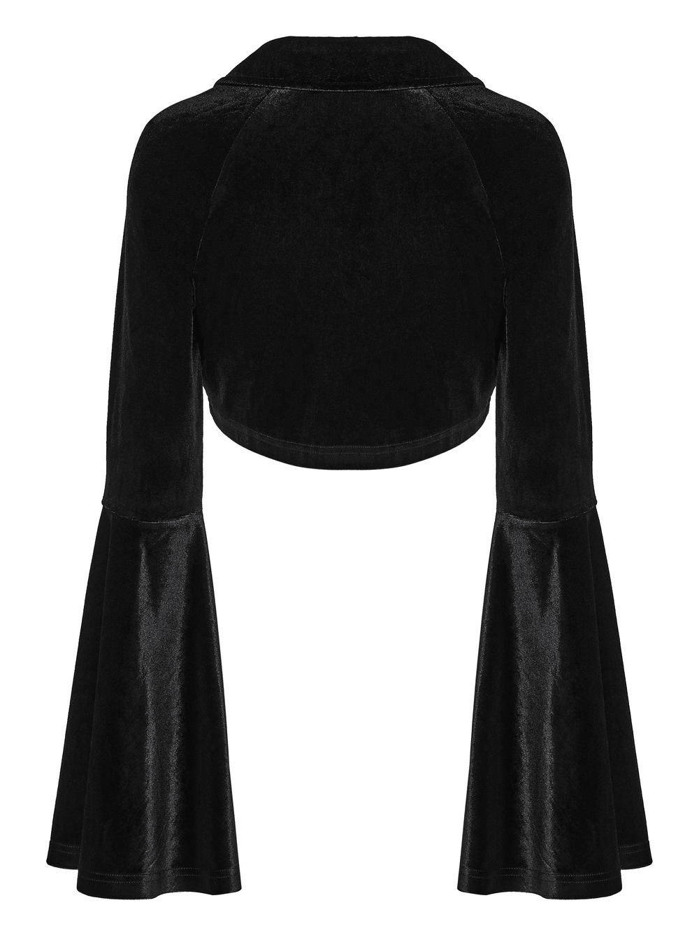 Goth Velvet Bolero with Bat Collar and Bell Sleeves showcasing the back design with flared sleeves and a cropped silhouette.