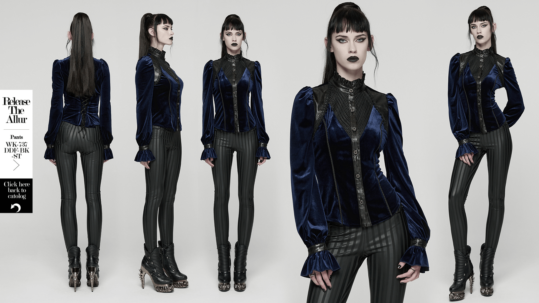 Goth Velvet Lace-Up Shirt with Leather Trim and Embroidery displayed from multiple angles on a model with edgy styling.