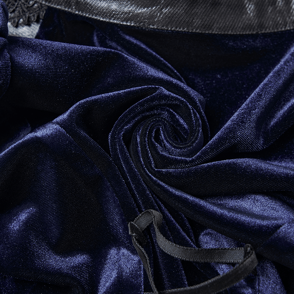 Goth Velvet Lace-Up Shirt with Leather Trim and Embroidery, showcasing luxurious stretch velvet in rich navy.