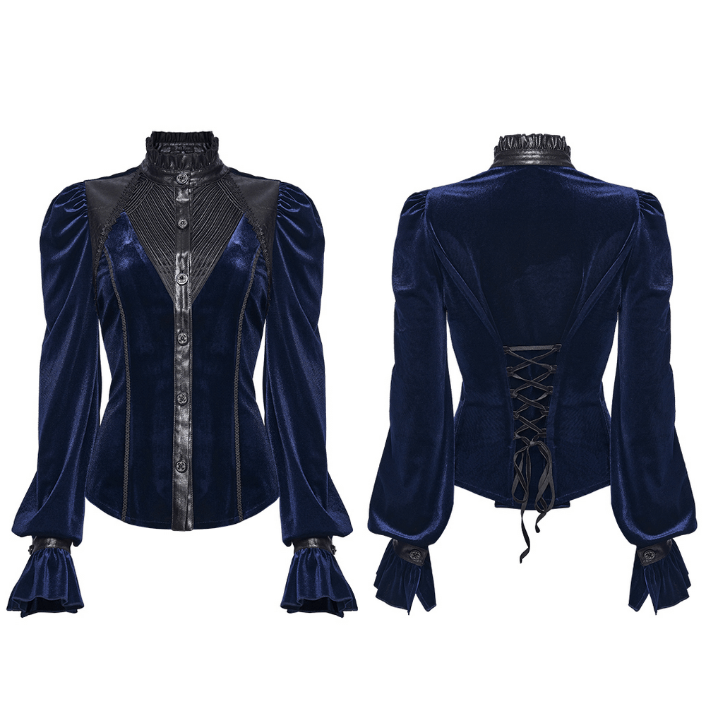 Goth Velvet Lace-Up Shirt with Leather Trim and Embroidery features elegant velvet fabric and lace-up back.