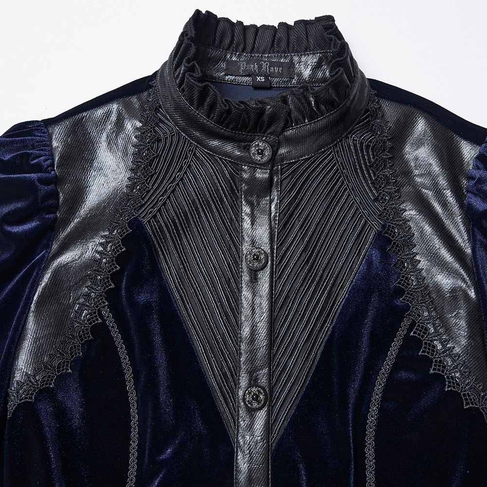 Goth Velvet Lace-Up Shirt with Leather Trim and Embroidery featuring intricate details and rich textures.