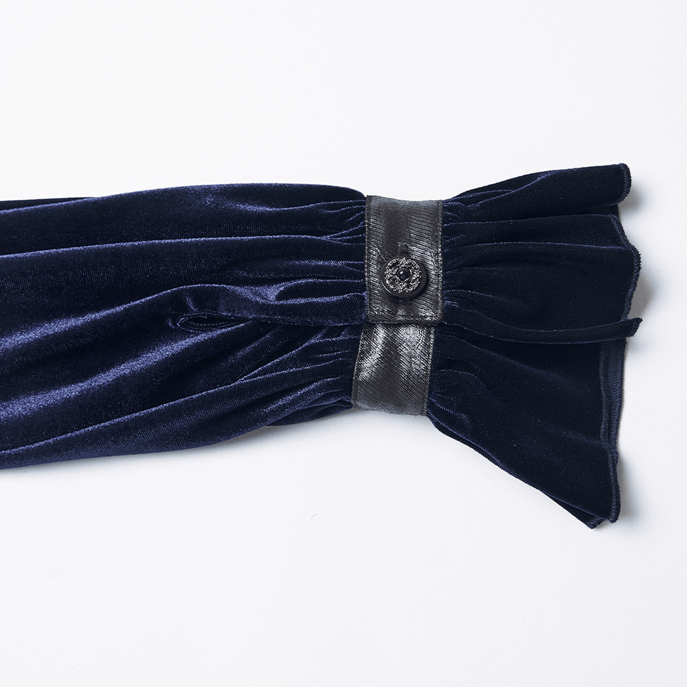 Goth Velvet Lace-Up Shirt with Leather Trim and Embroidery sleeve detail showcasing velvet and leather button.