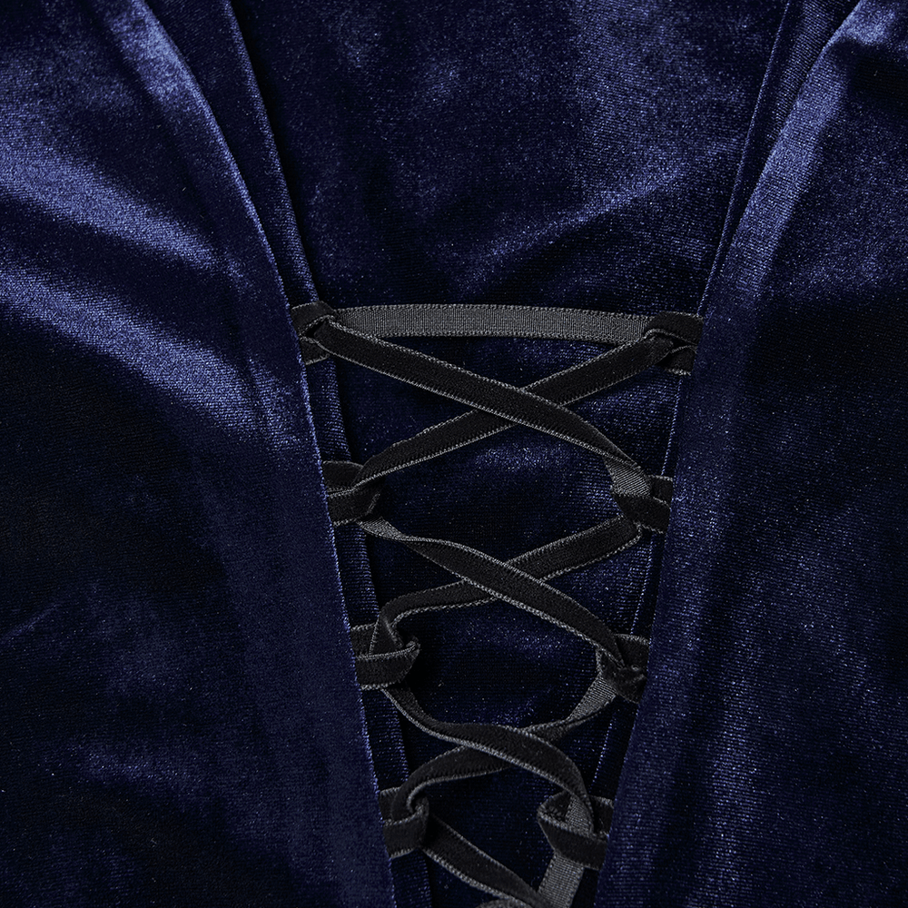 Goth Velvet Lace-Up Shirt with Leather Trim and Embroidery close-up of lace-up detail in stretch velvet.