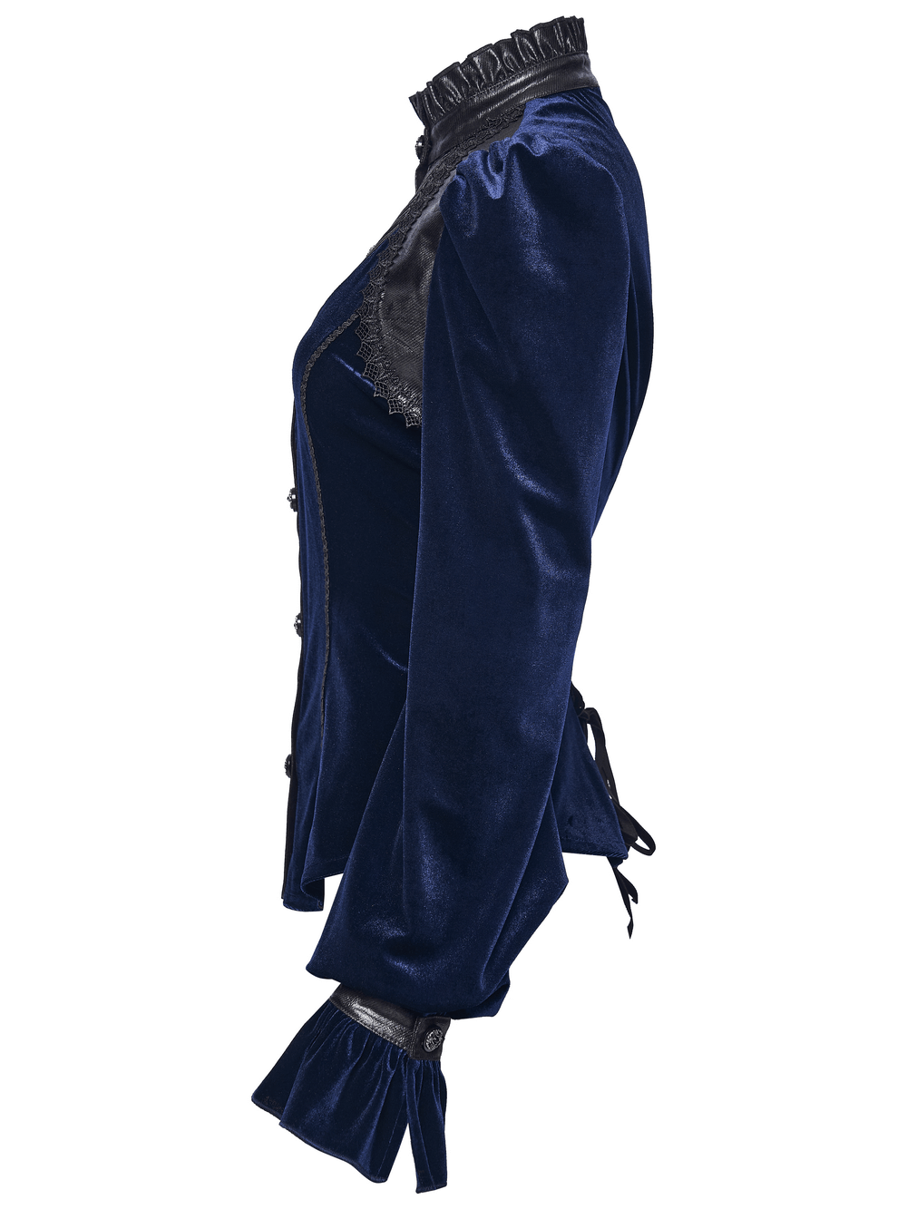 Goth Velvet Lace-Up Shirt with Leather Trim and Embroidery side view showcasing puffed sleeves and lace-up details.