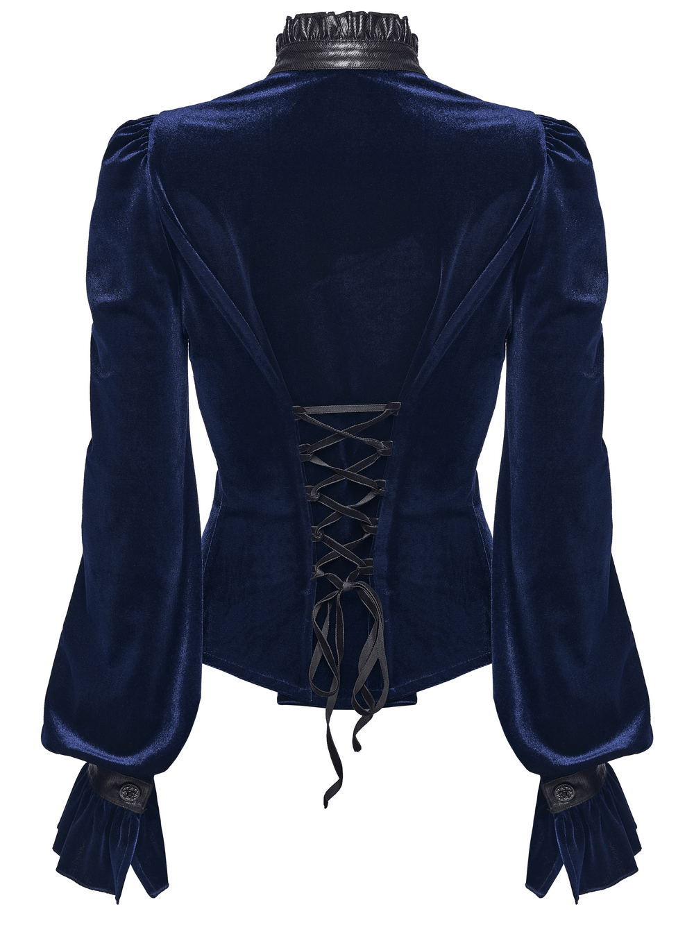 Goth Velvet Lace-Up Shirt with Leather Trim and Embroidery showcasing a dramatic lace-up back and elegant puffed sleeves.