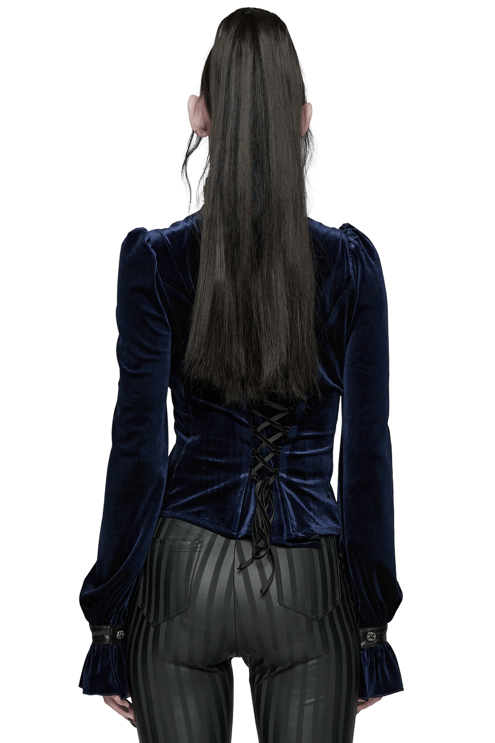 Goth Velvet Lace-Up Shirt with Leather Trim and Embroidery showcasing lace-up back design and puffed sleeves.