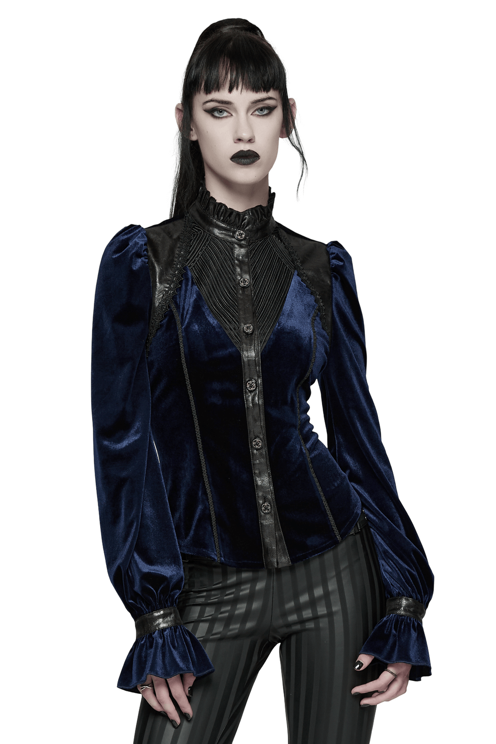 Goth Velvet Lace-Up Shirt with Leather Trim and Embroidery features stretch velvet and lace-up back details.