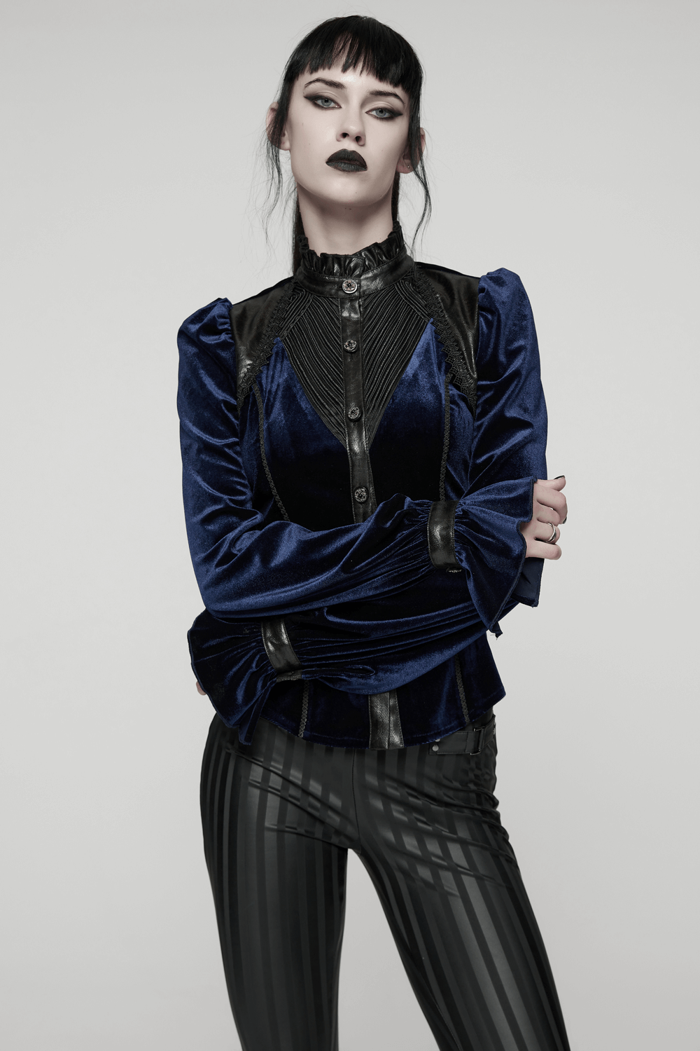Goth Velvet Lace-Up Shirt with Leather Trim and Embroidery worn by model, showcasing elegant vampire chic style.