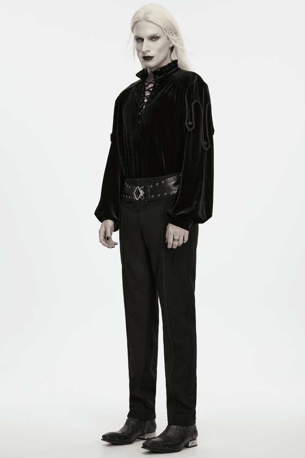 Goth Velvet Pullover Shirt with Victorian Ruffle Collar, black men's gothic lace-up poet shirt with velvet finish