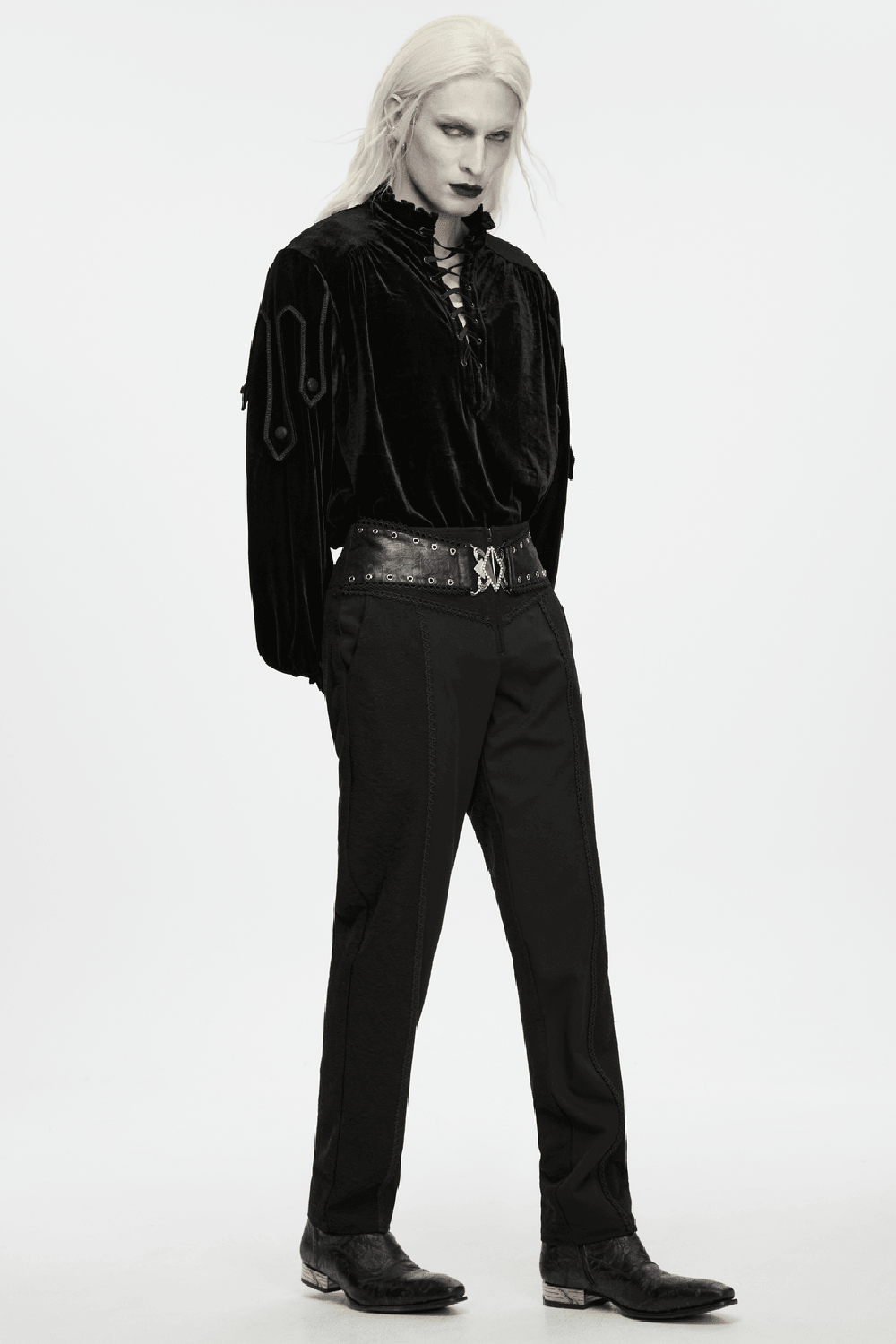 Goth Velvet Pullover Shirt with Victorian Ruffle Collar, black lace-up gothic poet shirt for men