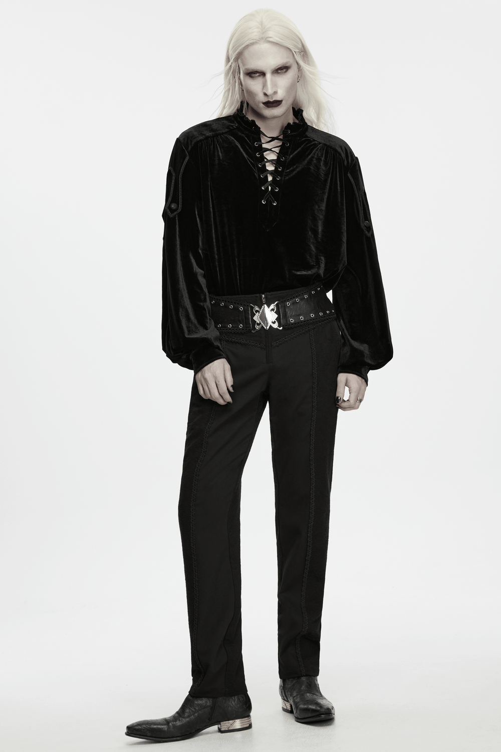 Goth Velvet Pullover Shirt with Victorian Ruffle Collar, black lace-up men's gothic velvet shirt with lantern sleeves