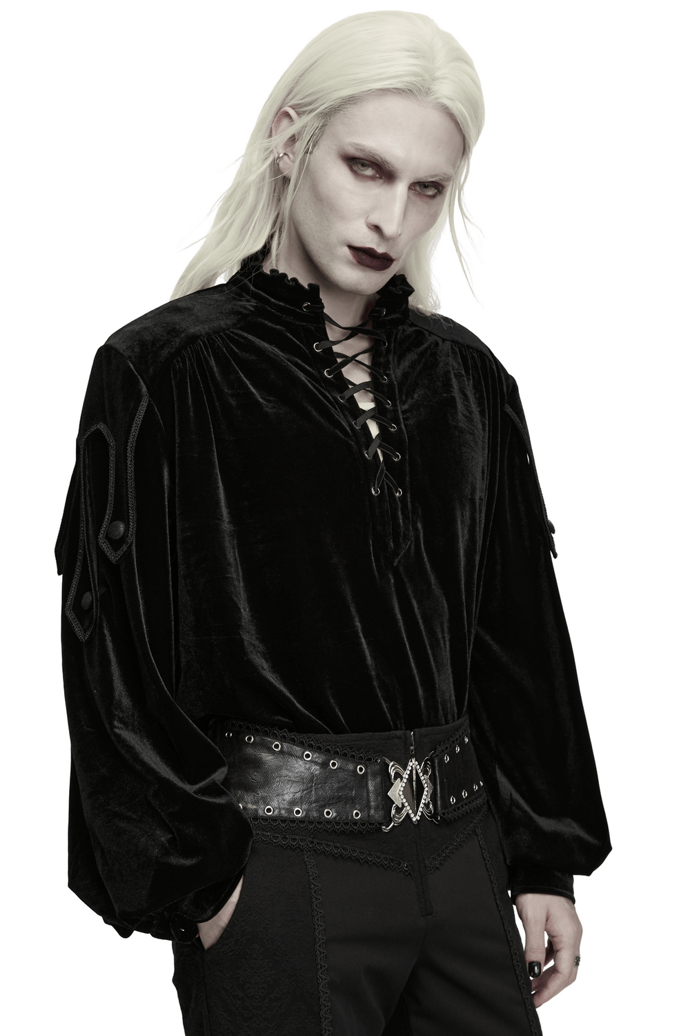 Goth Velvet Pullover Shirt with Victorian Ruffle Collar, black lace-up gothic poet shirt with lantern sleeves