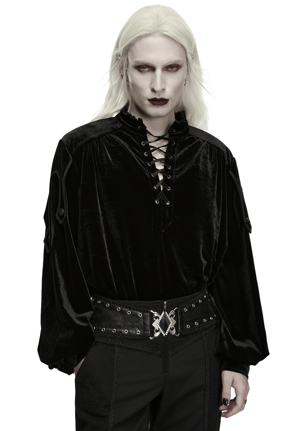 Goth Velvet Pullover Shirt with Victorian Ruffle Collar in black velvet with lace-up neckline, poet sleeves, and gothic detailing.