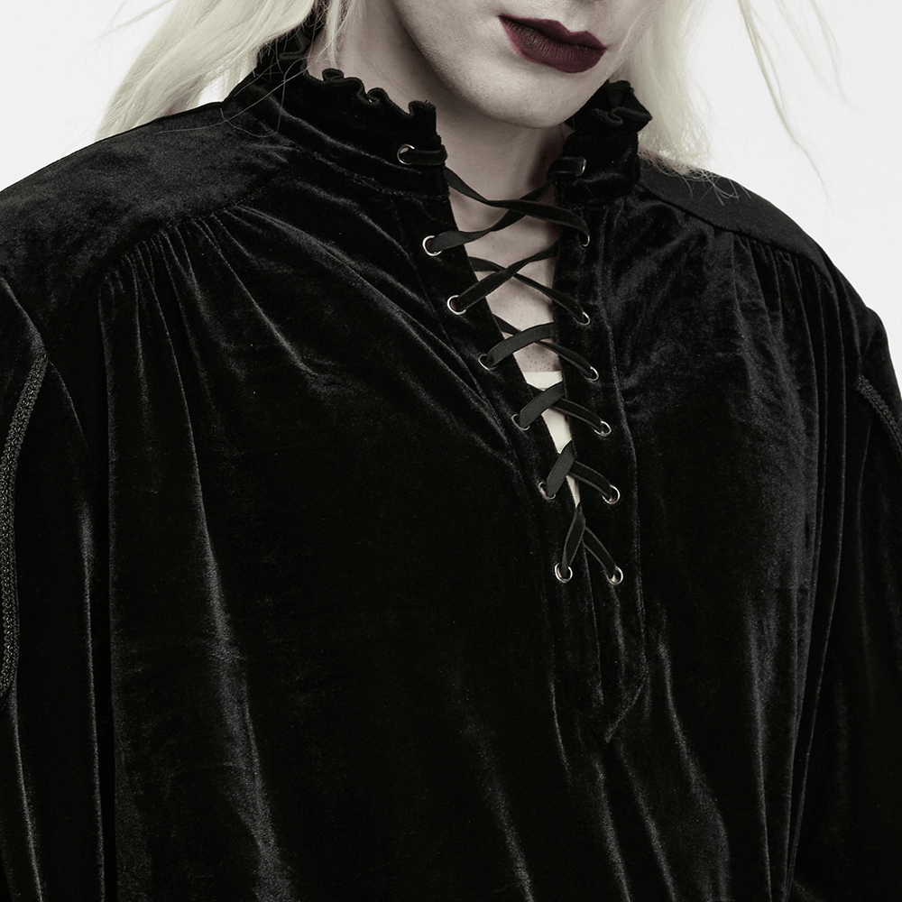Goth Velvet Pullover Shirt with Victorian Ruffle Collar, black velvet lace-up gothic poet shirt with ruffled neckline