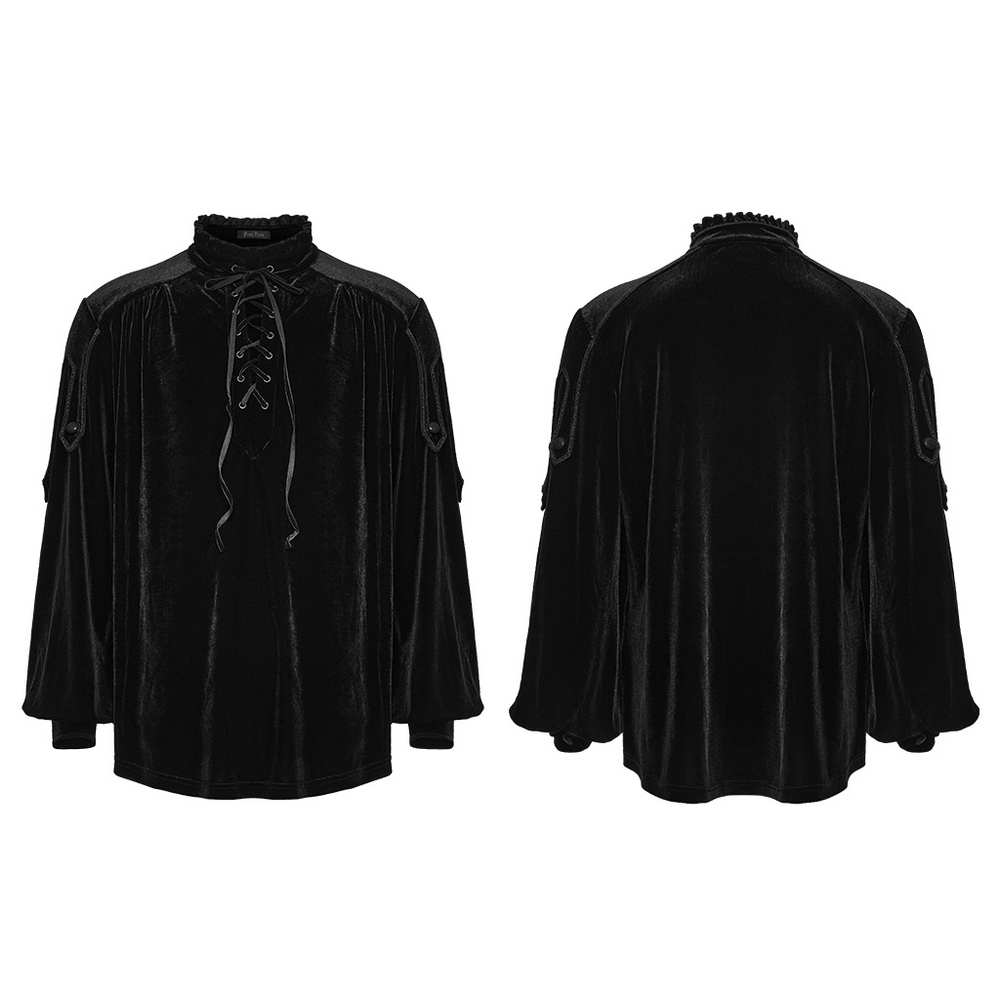 Goth Velvet Pullover Shirt with Victorian Ruffle Collar black velvet lace-up poet shirt, front and back