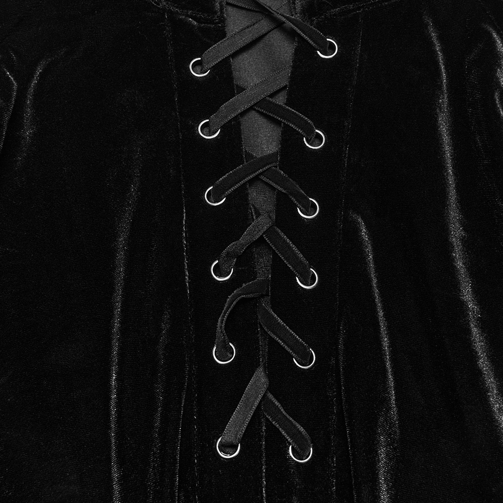 Goth Velvet Pullover Shirt with Victorian Ruffle Collar, black lace-up velvet poet shirt with gothic details