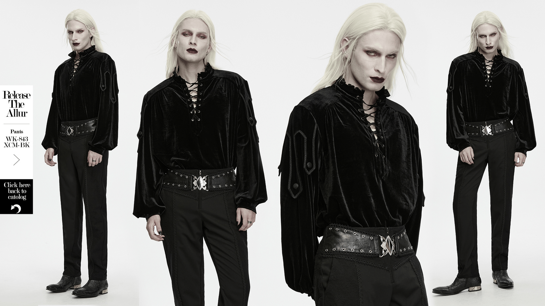 Goth Velvet Pullover Shirt with Victorian Ruffle Collar, black velvet lace-up gothic poet shirt for men