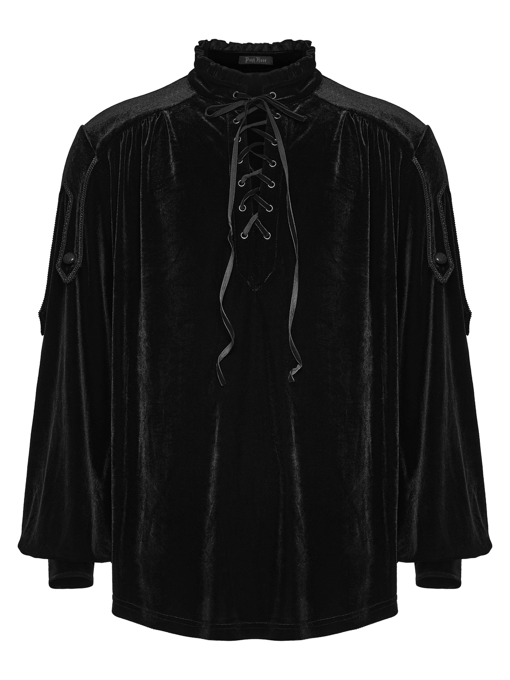 Goth Velvet Pullover Shirt with Victorian Ruffle Collar, black men's lace-up gothic poet shirt