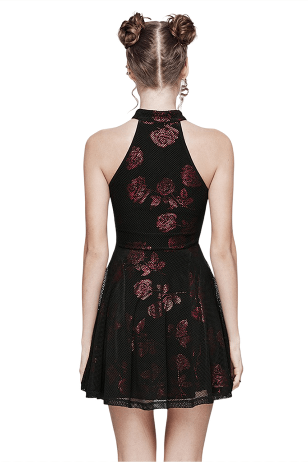 Back view of a women's goth velvet rose print dress with sleeveless design and A-line hem.