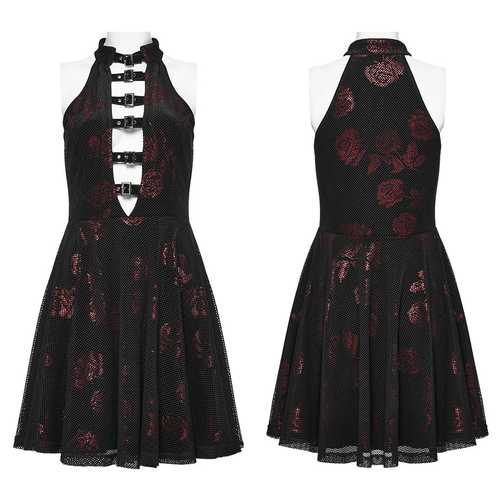 Goth Velvet Rose Print Dress featuring sleeves, deep V-neck and buckles detail for a bold and elegant look.