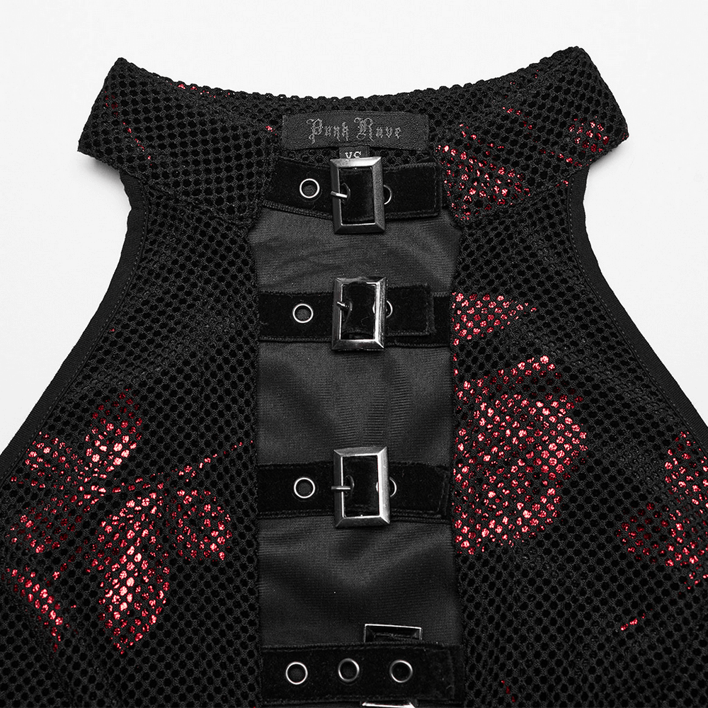 Close-up of Goth Velvet Rose Print Dress showing black mesh and buckle details for a bold fashion statement.