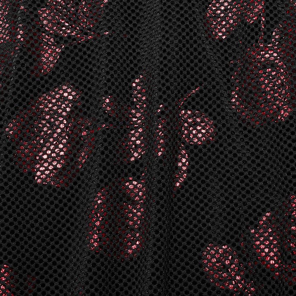 Close-up of black mesh fabric featuring a vibrant red velvet rose print, perfect for a gothic-style dress.