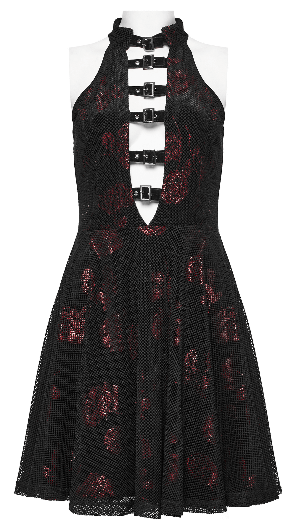 Goth velvet rose print dress with buckles, sleeveless mesh A-line design, stunning V-neck silhouette, perfect for bold fashionistas.