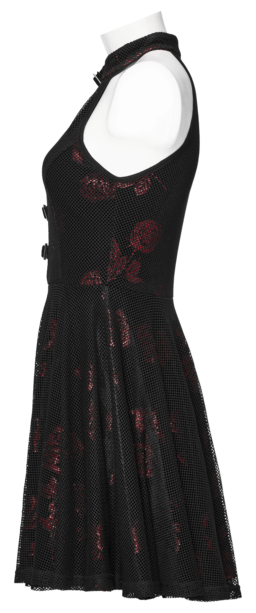 Goth Velvet Rose Print Dress with Buckles Detail, sleeveless mesh A-line design, featuring a deep V-neck and elegant flared hem.