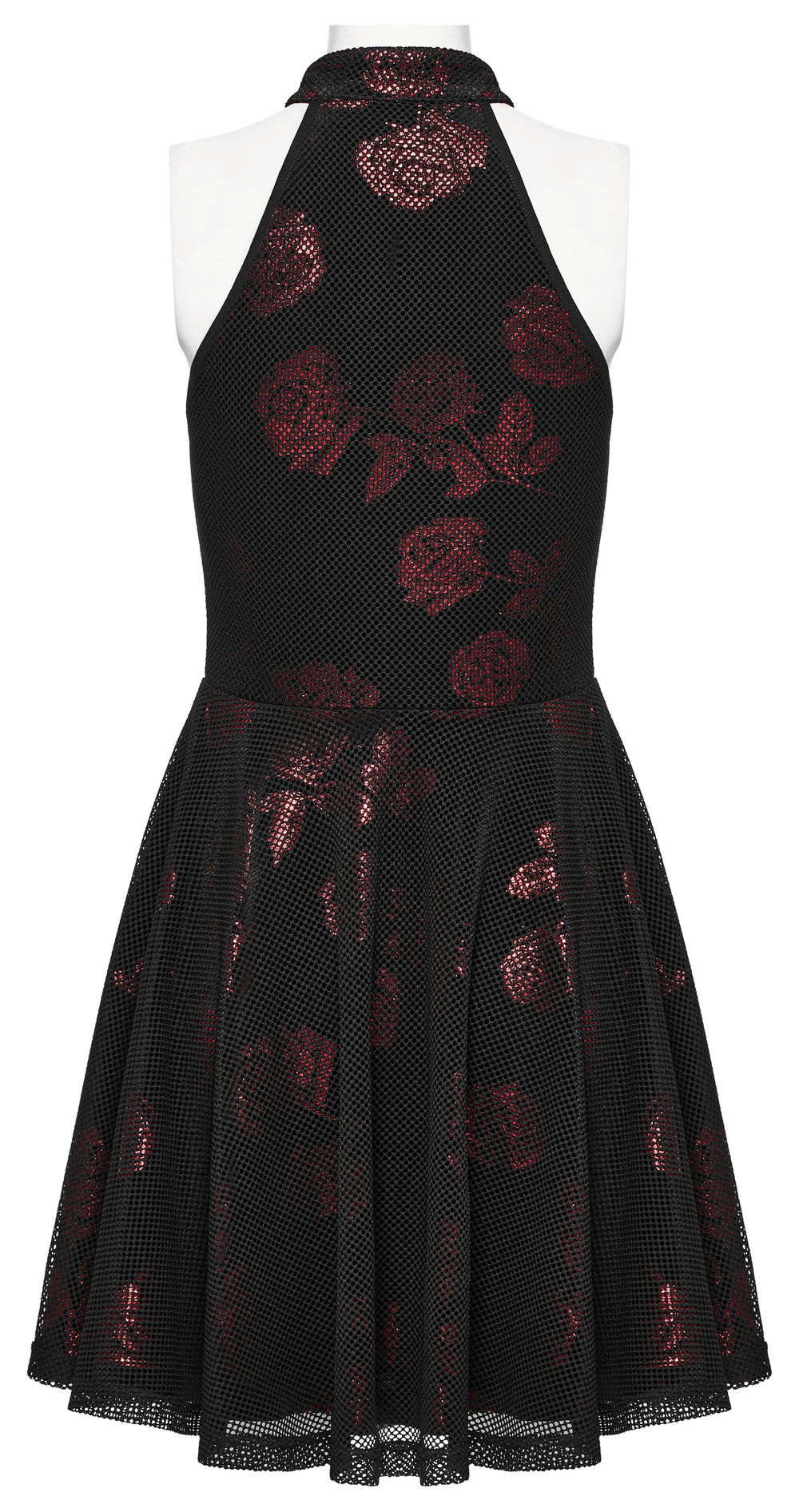 Goth velvet rose print dress featuring a sleeveless mesh design and A-line hem, perfect for bold fashion statements.