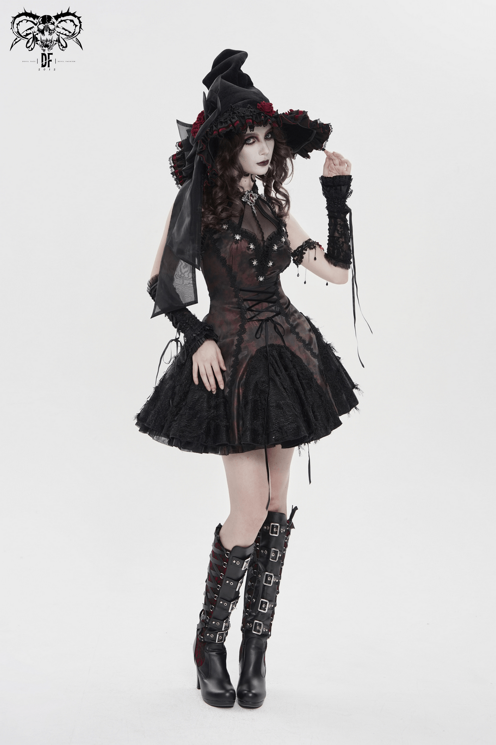 Goth Witch Hat with Roses and Sheer Ribbon Trim for Women worn with a gothic dress and accessories.