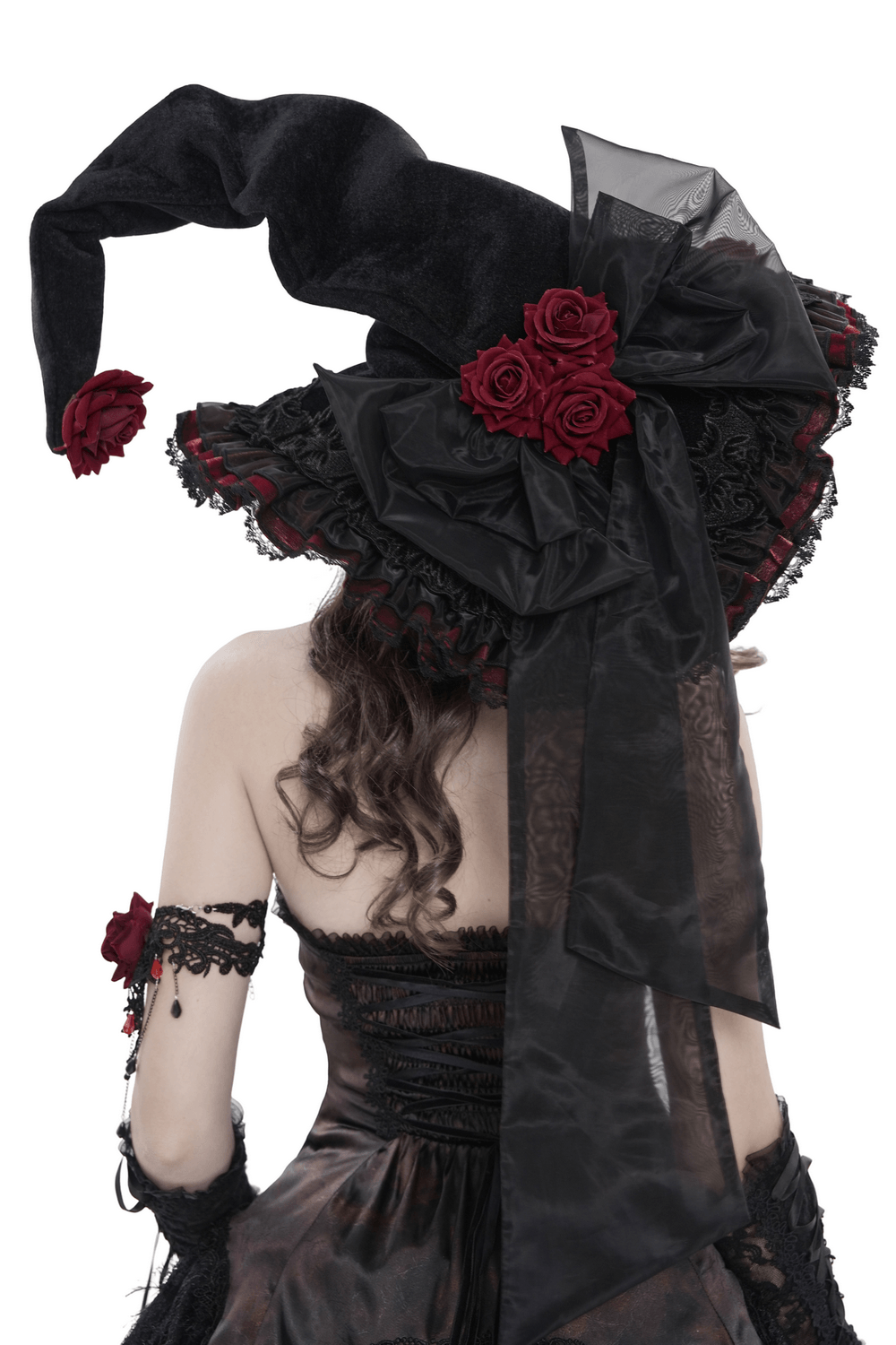 Goth Witch Hat with Roses and Sheer Ribbon Trim for Women, featuring a wide brim and floral adornments.